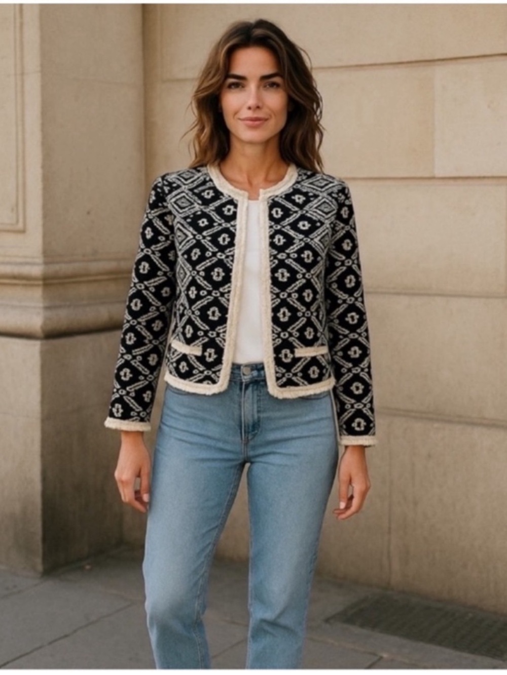 Atmosphere quilted black cream open front abstract bohemian  blazer jacket 8